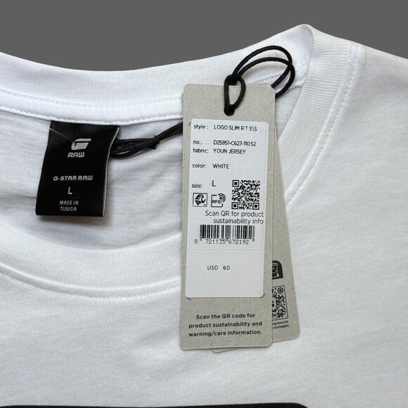 G-Star RAW Logo Slim Fit Short Sleeve Tee Men’s L White Black NWT - Picture 4 of 6